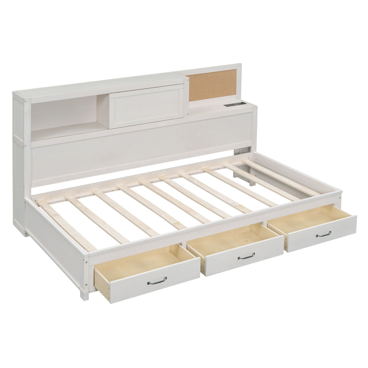 Twin Size Daybed With 3 Storage Drawers, Upper Soft Board, Shelf, And A Set Of Sockets And USB Ports - White