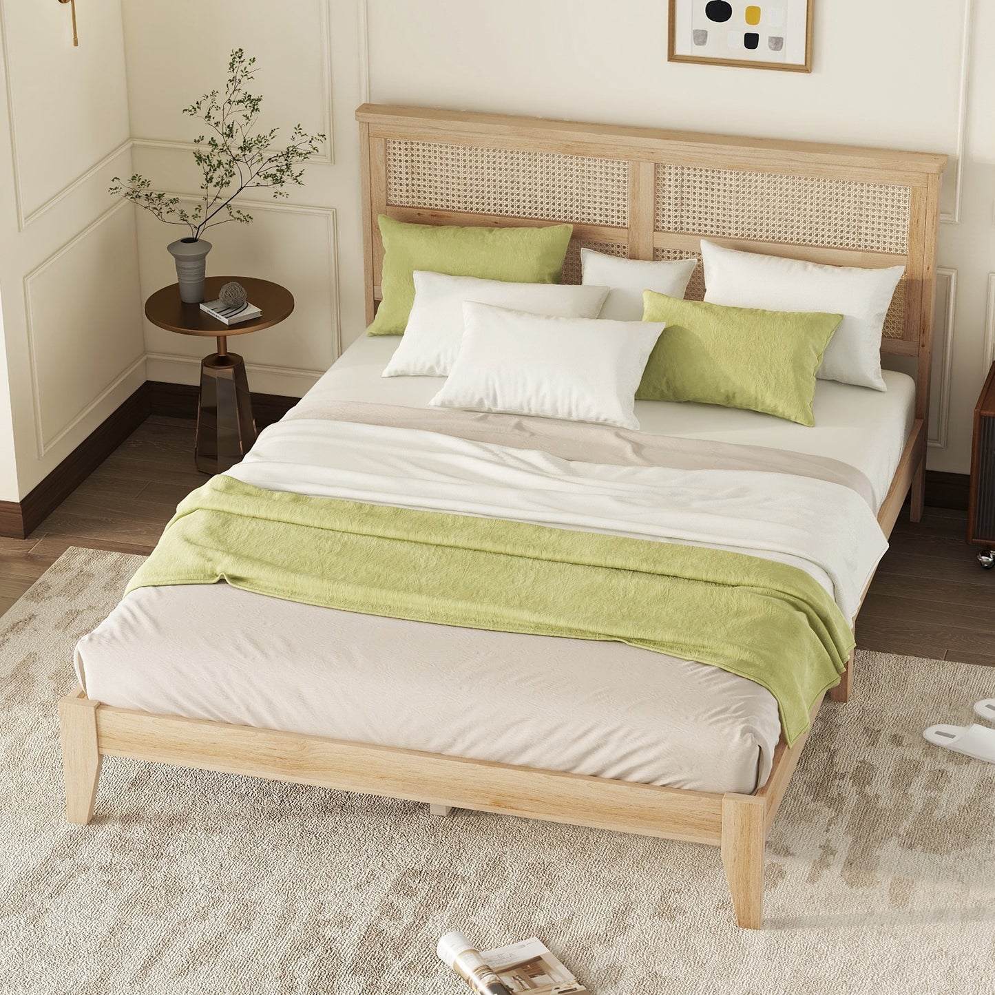 Queen Size Rubber Wooden, Solid Wooden Bed with Rattan Headboard, Enhanced by Support Feet,Oak White