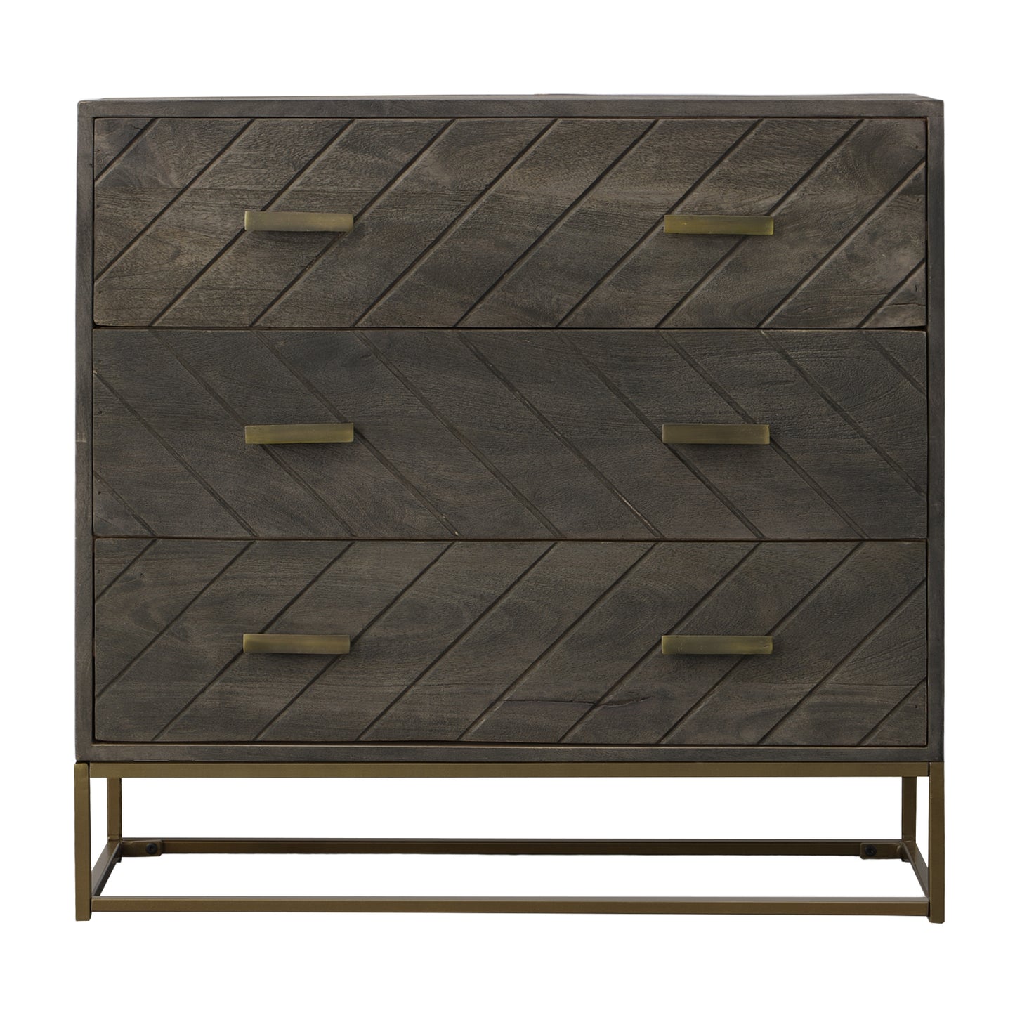 Roy 32 Inch 3 Drawer Mango Wood Dresser Chest, Rustic Bronze Metal Frame, Gray