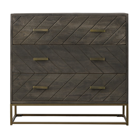 Roy 32 Inch 3 Drawer Mango Wood Dresser Chest, Rustic Bronze Metal Frame, Gray