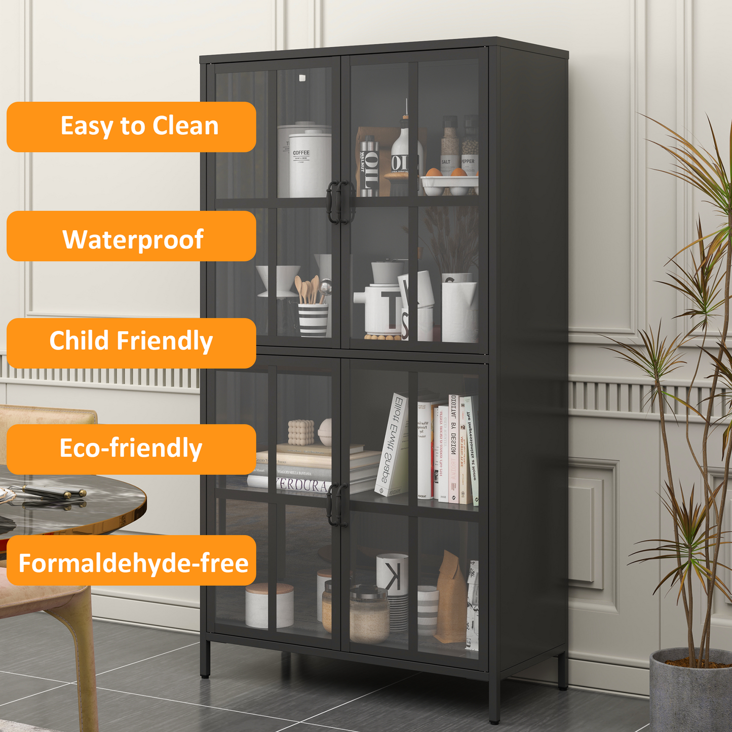 Premium Black Metal Storage Cabinet with Tempered Glass Doors, Adjustable Shelves, Anti-Tipping Device, Magnetic Silent Closure, and Adjustable Feet for Home and Office Use