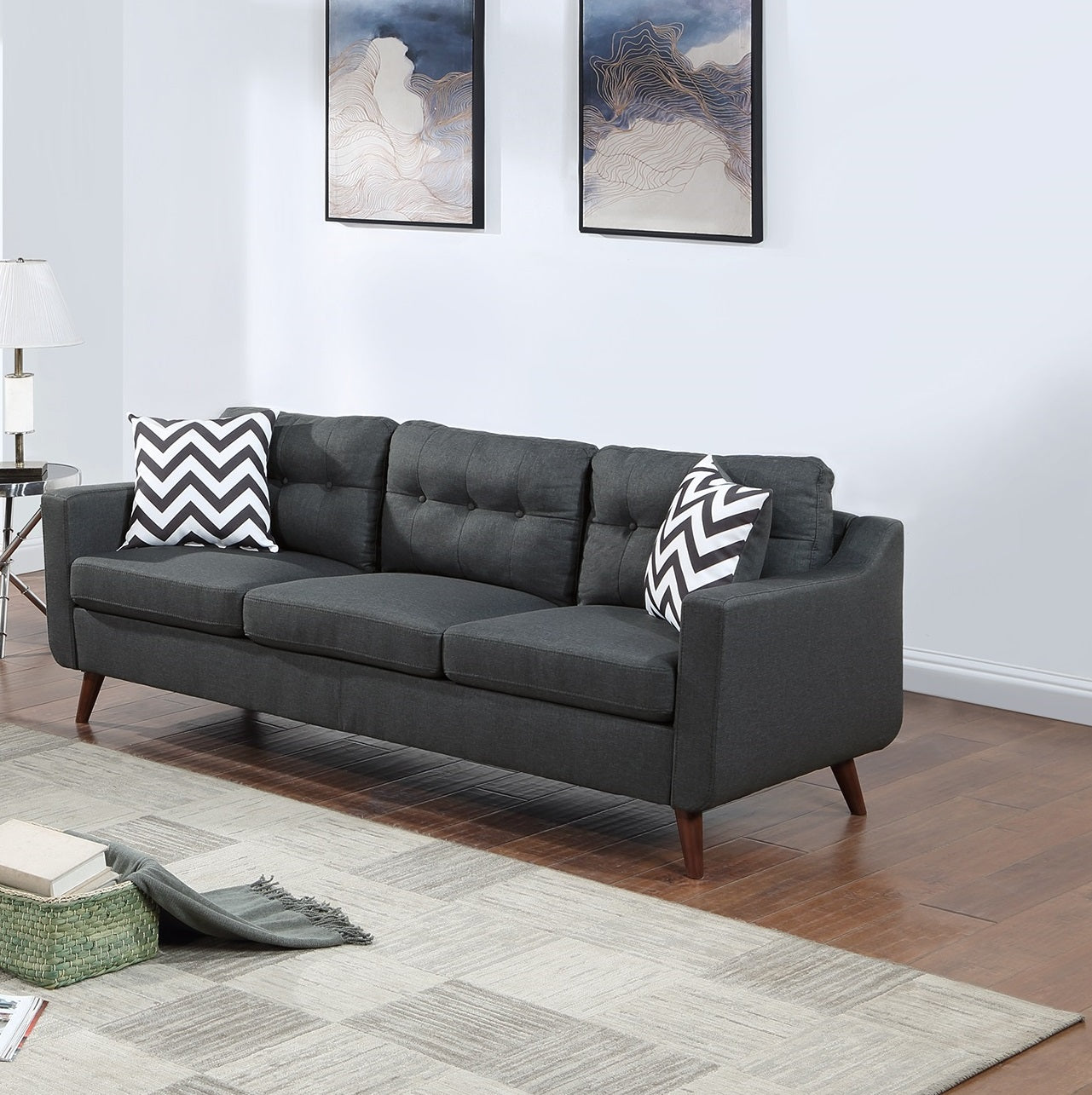 Modern Cozy Sofa Loveseat w Pillows 2pc Sofa Set Black Polyfiber Couch Tufted Cushions Living Room