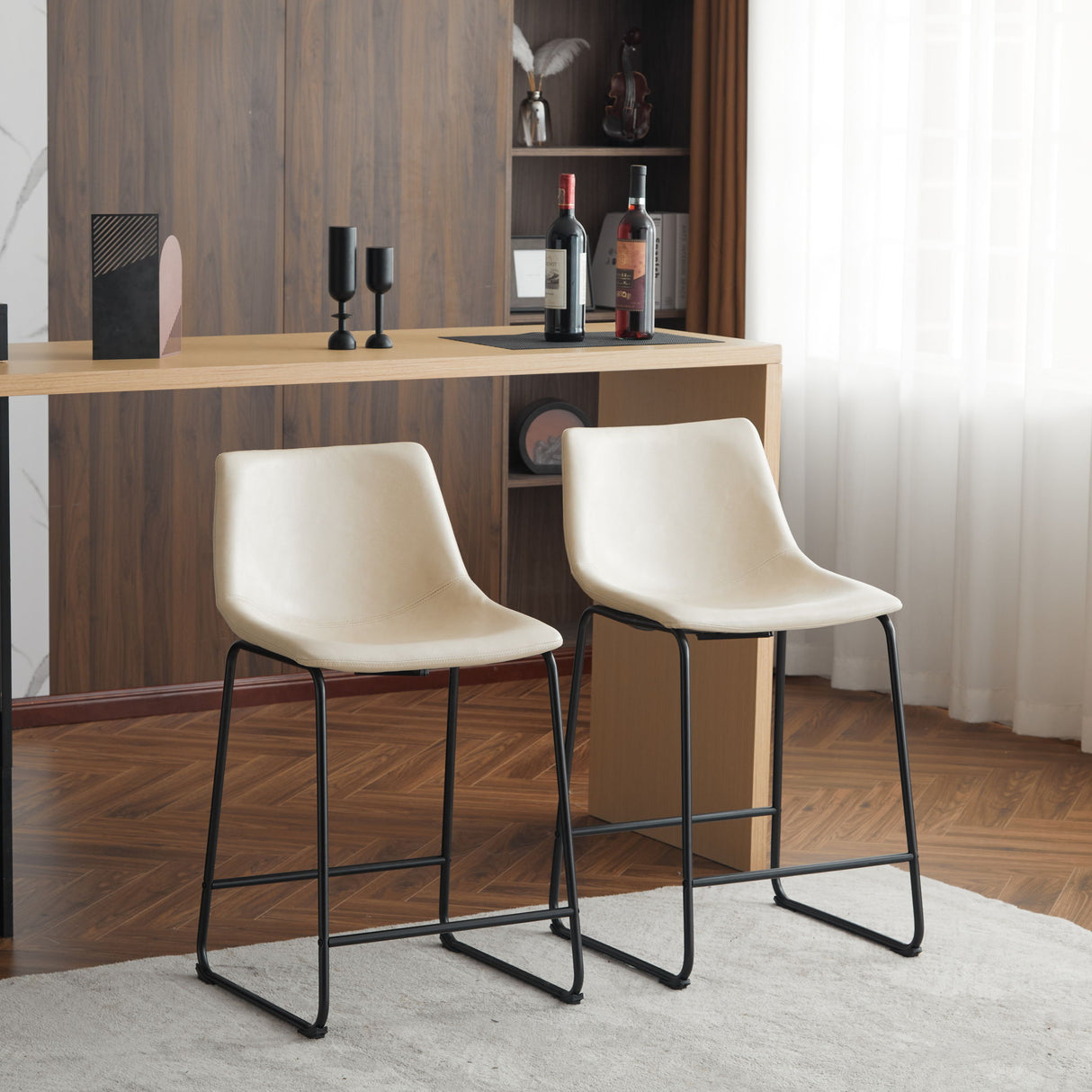Vintage Style Armless Industrial Counter Stool With Metal Legs And Footrest For Kitchen Island, Cafe, Pub, Bar Counter (Set of 2) - Cream / Black