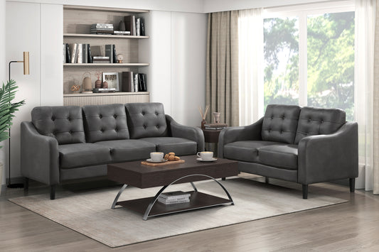 Gray 2pc Sofa Set Microfiber Upholstered Sofa Loveseat Set Button-Tufted Contoured Arms Solid Wood Frame Casual Living Room Furniture