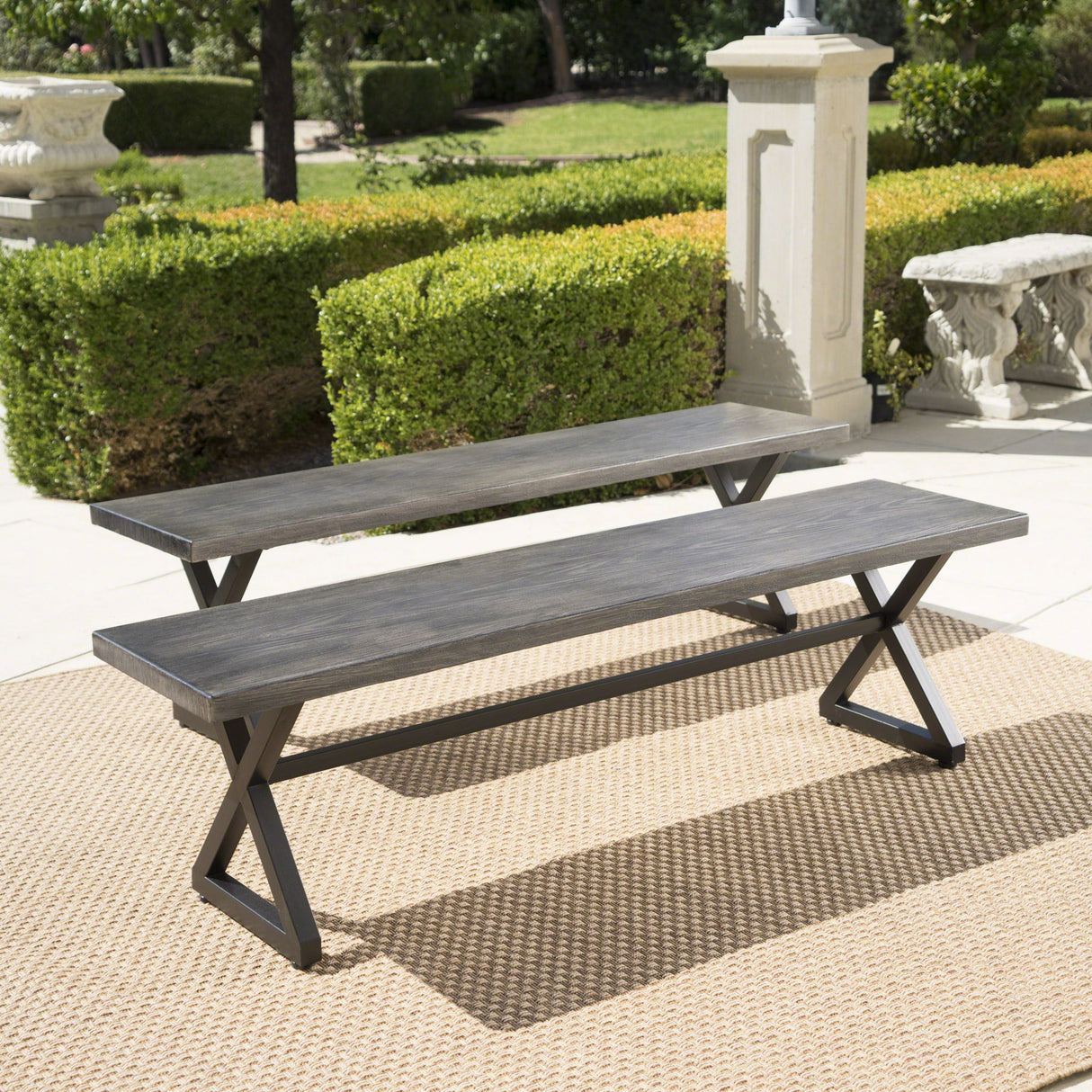 Modern Aluminum Outdoor Dining Bench With X Base