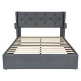 Modern Queen Size Bed Frame With Storage, Wingback Headboard, USB Ports - Dark Gray
