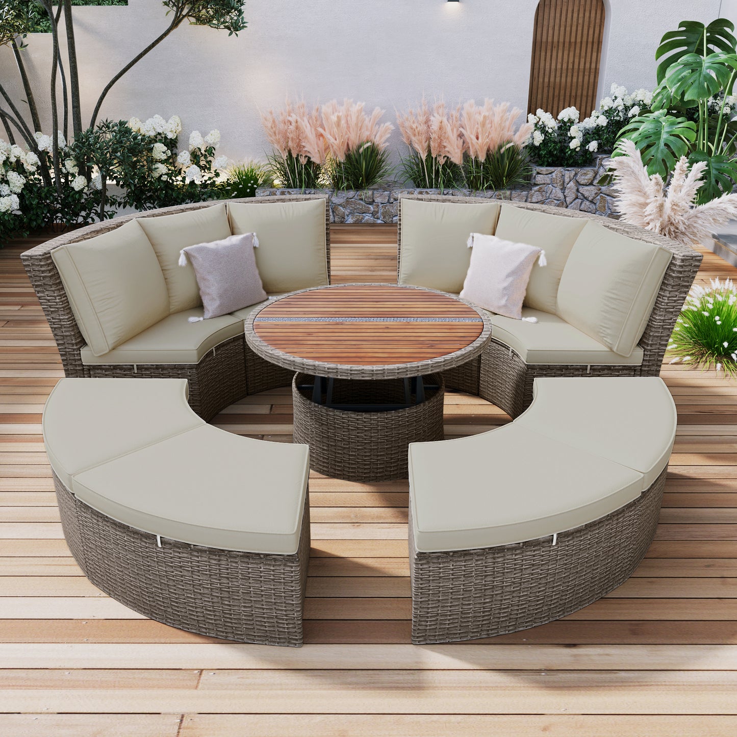 TOPMAX Patio 5-Piece Round Rattan Sectional Sofa Set All-Weather PE Wicker Sunbed Daybed with Round Liftable Table and Washable Cushions for Outdoor Backyard Poolside, Gray