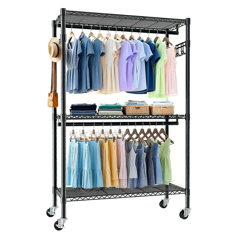 Heavy Duty Rolling Clothes Rack With 3 Tier Shelves, 2 Rails & Side Hooks, Adjustable Freestanding Organizer Metal - Black