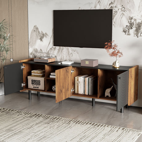 Mid Century TV Stand With 3 Cabinets, Media Console Table For Tvs Up To 70'', Entertainment Center With Storage For Living Room - Black / Brown