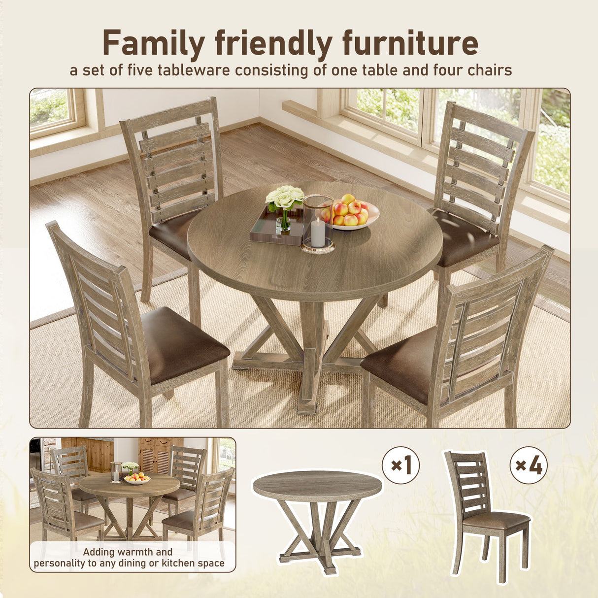 Modern Farmhouse Round Dining Table Solid Wood Rubberwood Antique Finishing Rustic Look Distressed Look Wire Brushed For 4 Seaters - Grayish Brown