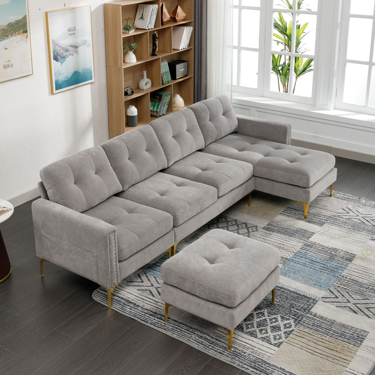 Modern L - Shape Convertible Sectional Sofa With Movable Ottoman