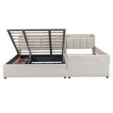 Upholstered Mother & Child Bed With Hydraulic Storage System, Drawer Box, Bedhead Storage Shelf And 2 Pairs Of Sockets & USB Ports