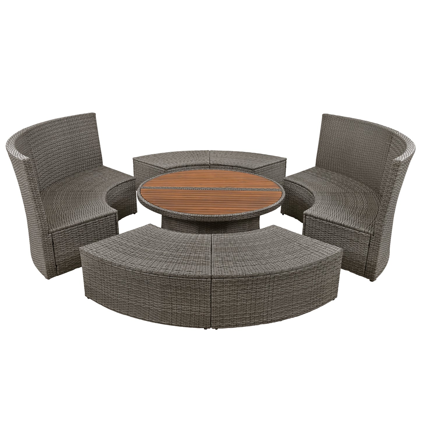 TOPMAX Patio 5-Piece Round Rattan Sectional Sofa Set All-Weather PE Wicker Sunbed Daybed with Round Liftable Table and Washable Cushions for Outdoor Backyard Poolside, Gray