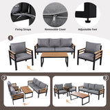 4 Piece Outdoor Furniture Sofa Set For 5 People With Acacia Wood Armrests, Removable Cushion