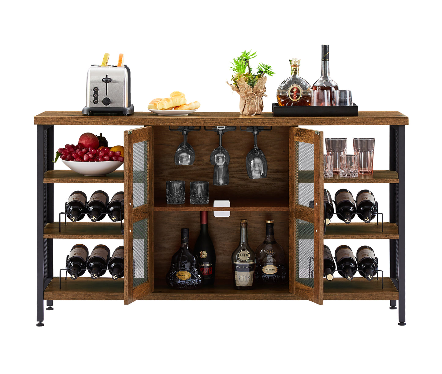 JHX Industrial Wine Bar Cabinet, Liquor Storage Credenza, Sideboard with Wine Racks & Stemware Holder (Hazelnut Brown, 55.12''w x 13.78''d x 30.31' ' h)