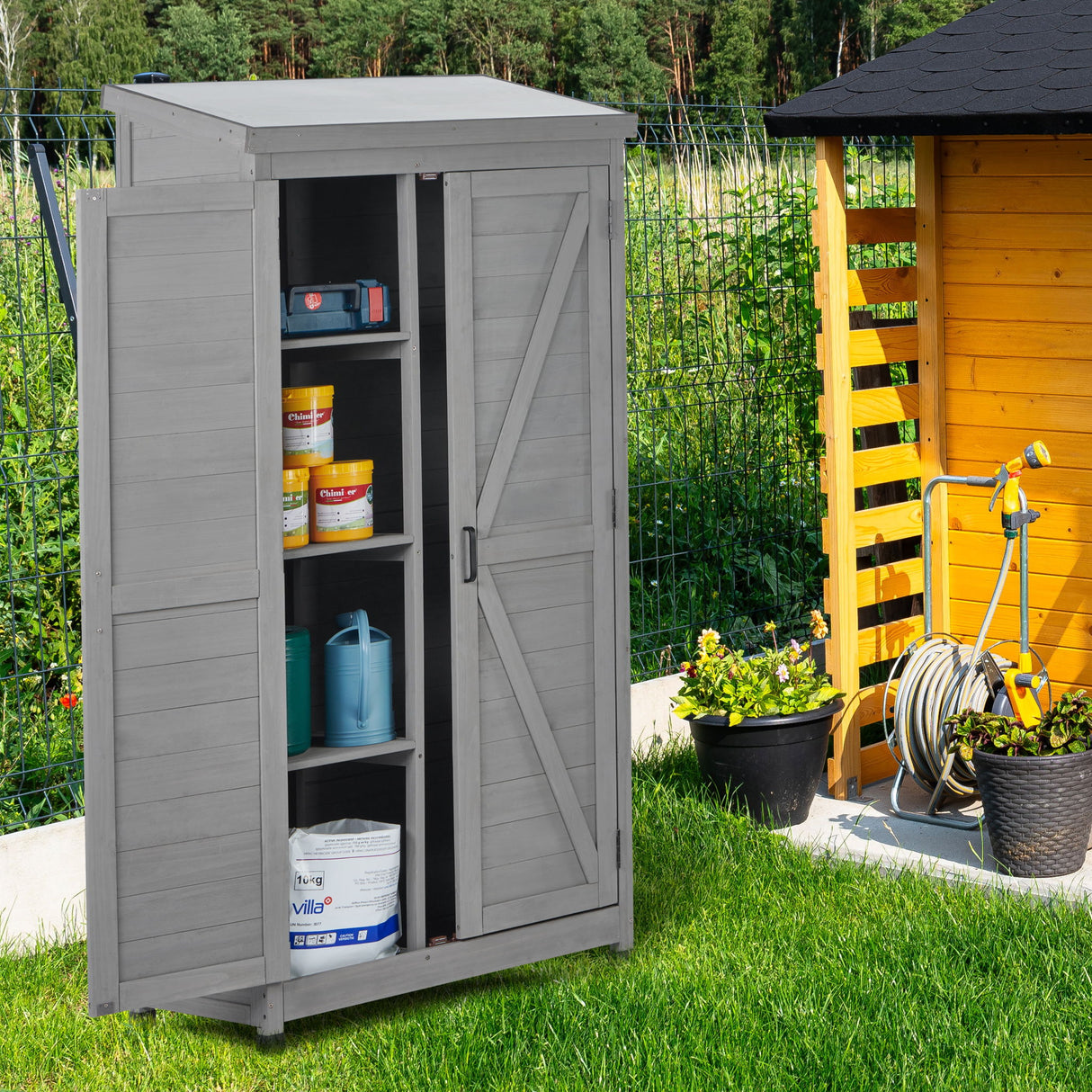 Wood Outdoor Storage Cabinet With Metal Top Garden Shed For Yard And Patio - Gray