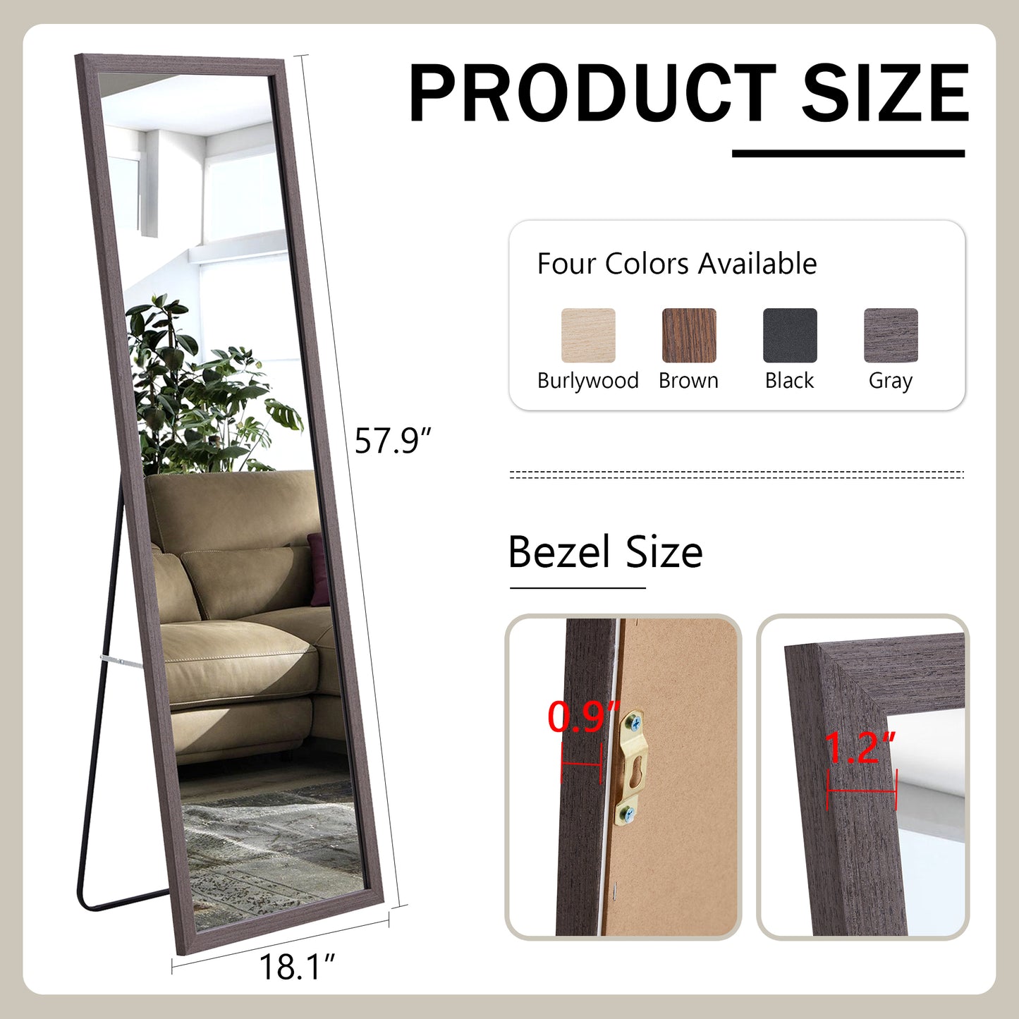 Third generation packaging upgrade, thickened frame, gray wood grain solid wood frame full-length mirror, dressing mirror, bedroom entrance, decorative mirror, floor standing mirror. 57.9 "* 18.1"