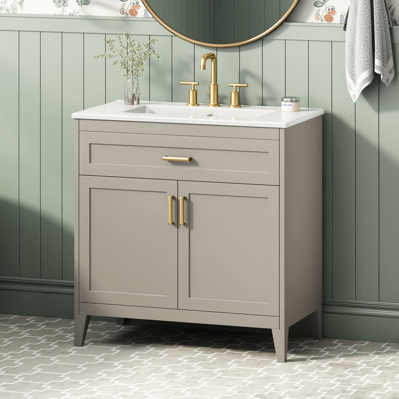 30" Bathroom Vanity With Sink Top, Soft Close Double Doors & Tip Out Drawer, Adjustable Interior Shelf, Door Mounted Organizers - Beige