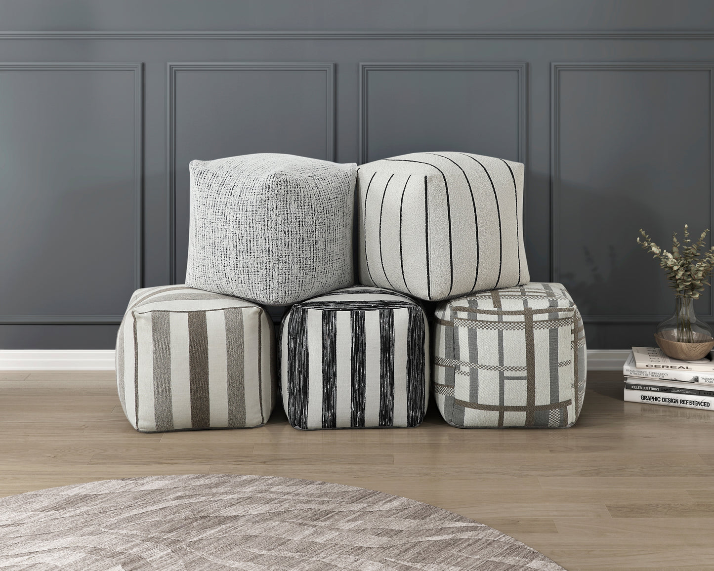 Modern Square Pouf Multi-Color Jacquard Fabric Upholstered Ottoman, Non-Slip Floor Pouf, Bean Bag Chair, 1pc Sitting Pouf