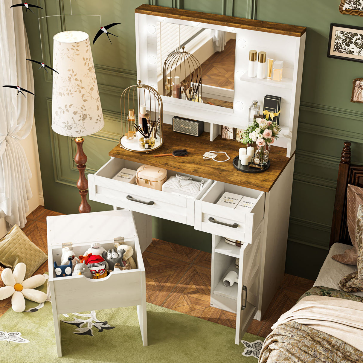 Farmhouse Makeup Vanity Desk With Mirror And Lights, 3 Lighting Modes, Vanity Set With Stool, Dressing Table With Adjustable Shelves, 2 Drawers And Side Cabinet For Bedroom - White