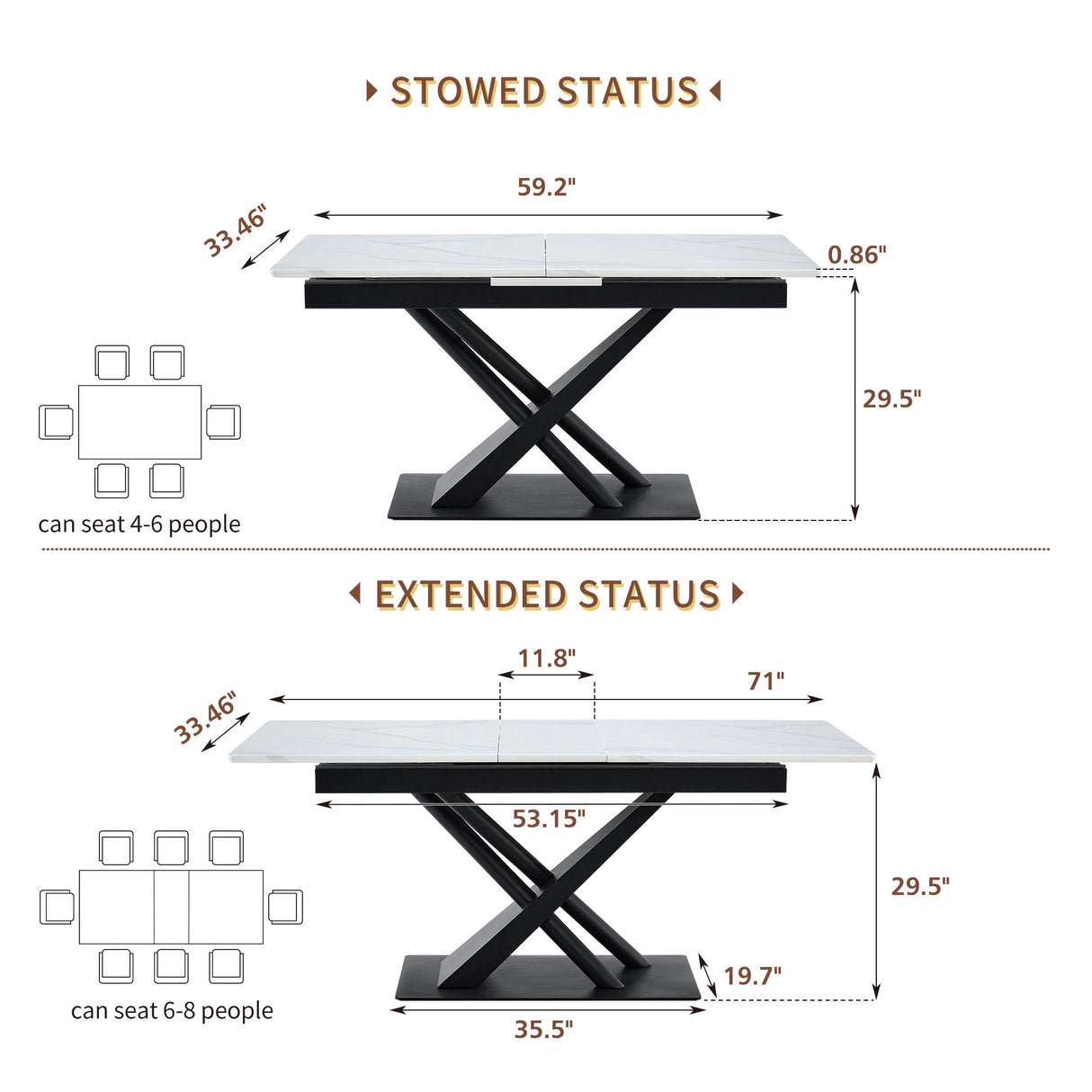 Dining Table With Geometric X Frame For Kitchen Or Dining Room - White Marble