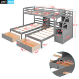 Twin Over Twin & Twin Bunk Bed With Drawers, Staircase Storage, Built In Shelves - Gray