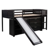 Loft Low Bed With Cabinets, Shelves And Slide