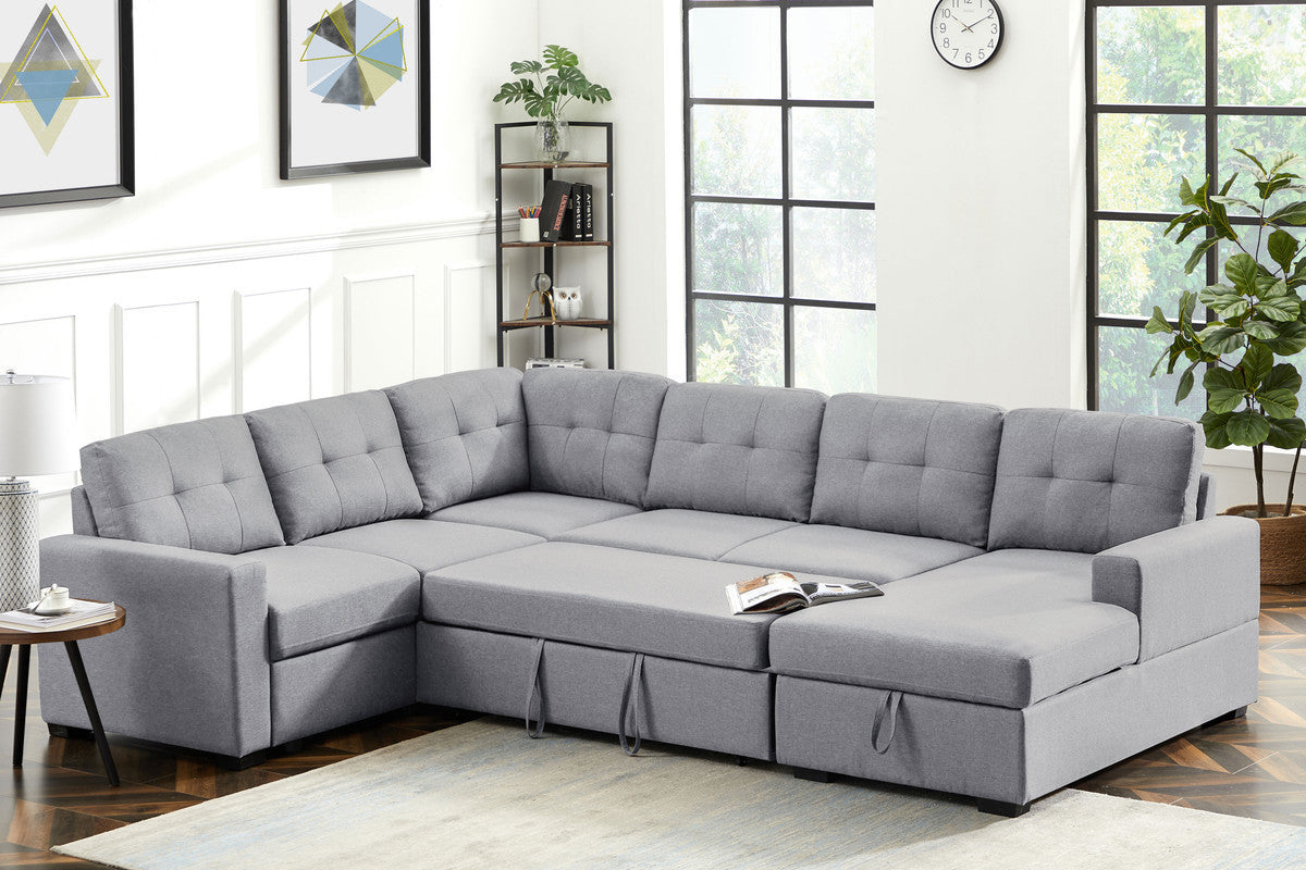 Selene 115.5" Light Gray Linen Fabric Sleeper Sectional Sofa with Storage Chaise