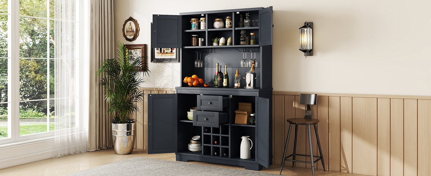 Coffee Bar Cabinet Kitchen Cabinet with Storage, Farmhouse Wine Cabinet with Drawers shelves and cabinets, Buffet Cabinet Wine & Glass Racks for Dining Room, Kitchen, Dark Blue