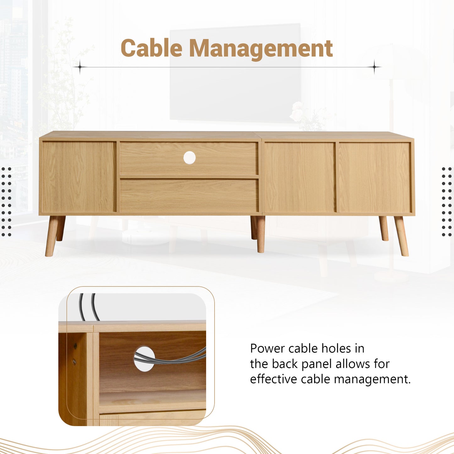 Rattan TV Stand with 2 Cabinets & 2 Open Shelves, Rattan-inspired Media Console Table for TVs up to 80'', Entertainment Center with Solid Wood Legs, TV cabinet for Living room, Bedroom, Home Theatre