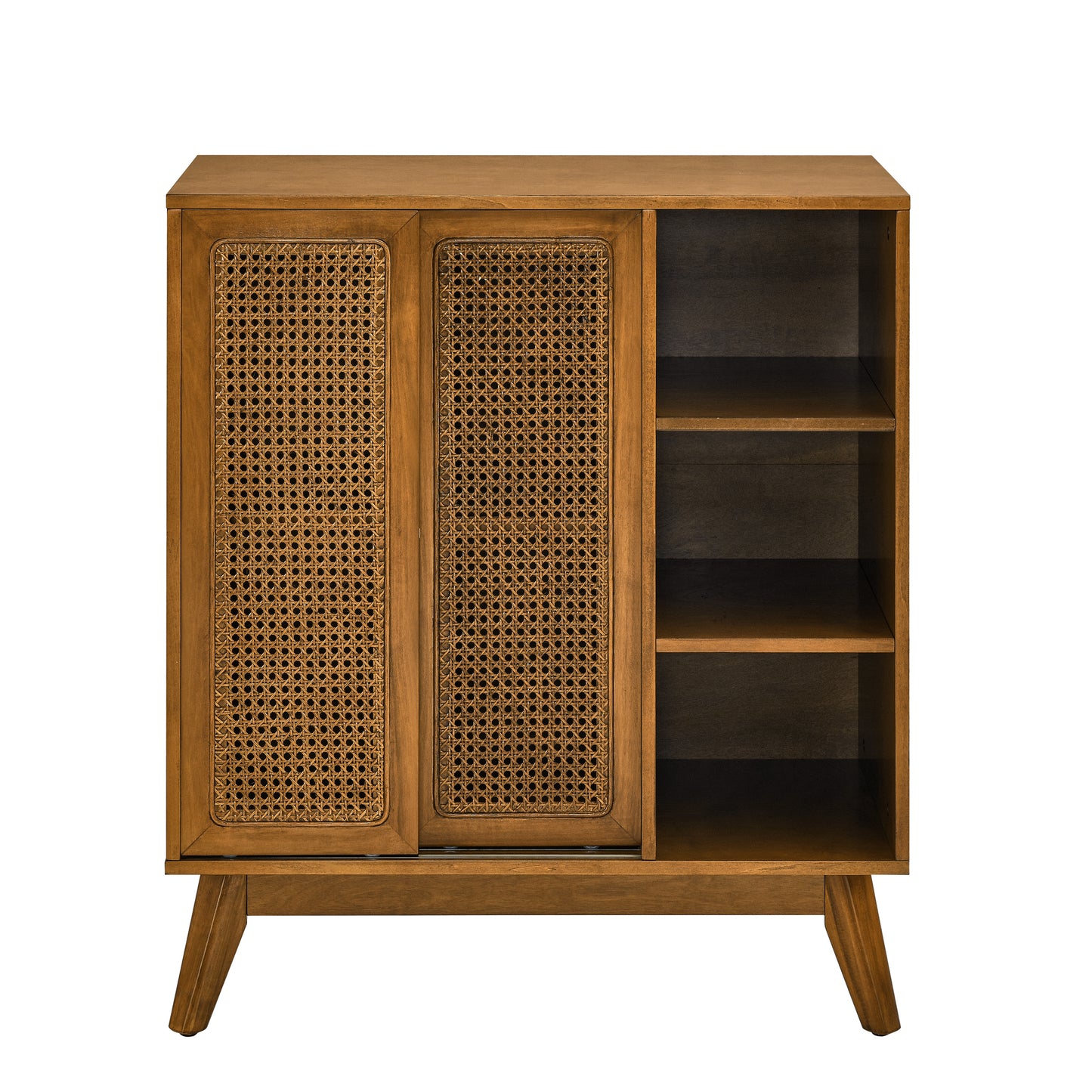 Mid Century Modern Rattan Sideboard Cabinet, Buffet Cabinet for Entryway Hallway Living Room Kitchen Dining Room Bedroom, Adjustable Shelf & Solid Wood Feet & Rattan Cabinet Doors - Light Wood