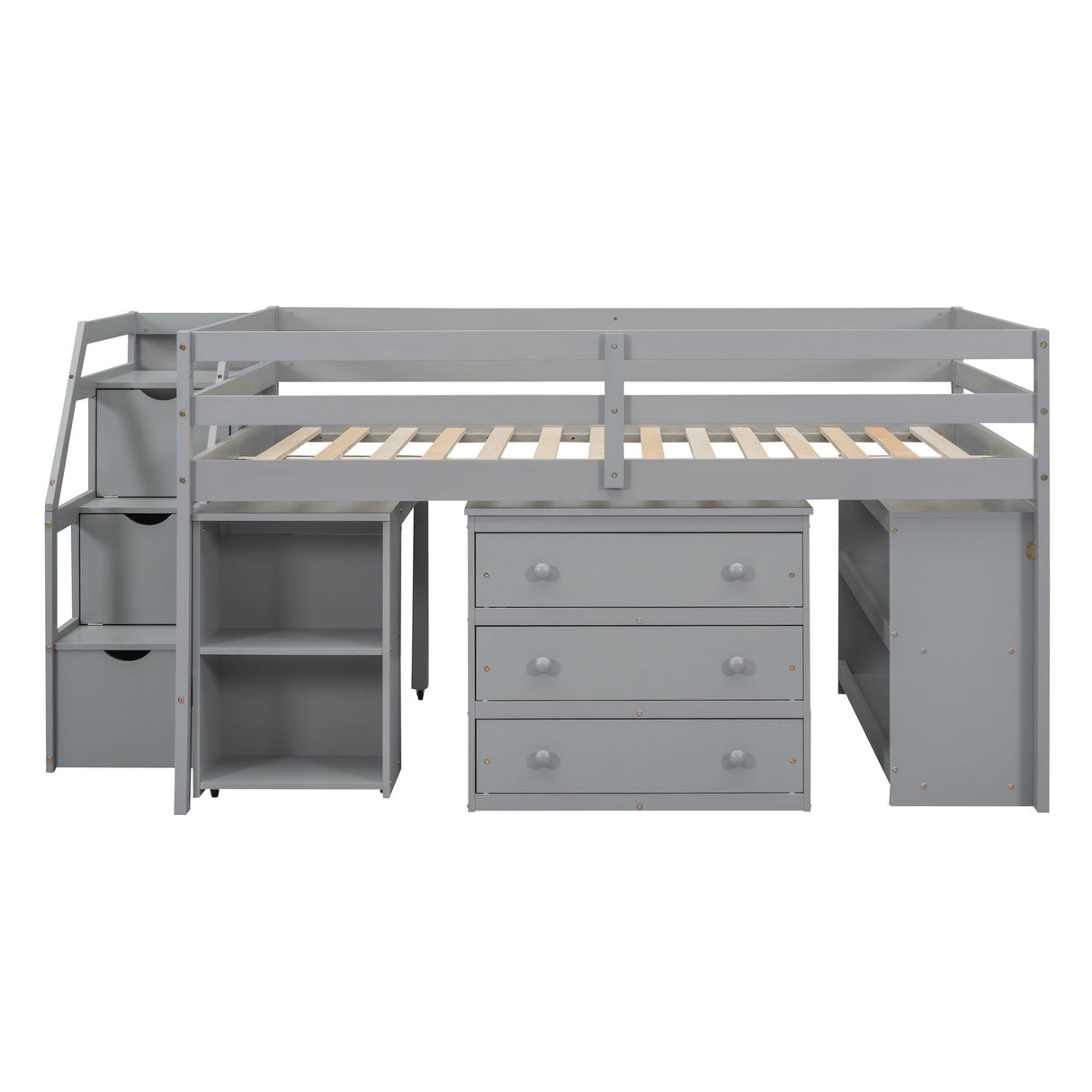Loft Bed With Retractable Writing Desk And 3 Drawers With Storage Stairs And Shelves