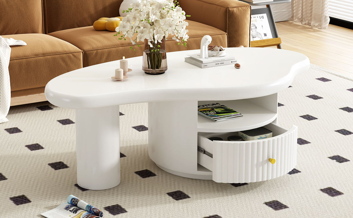 Cloud - Coffee Table, Irregular Shape Coffee Table With 1 Dreawer And Shelf For Living Room - White