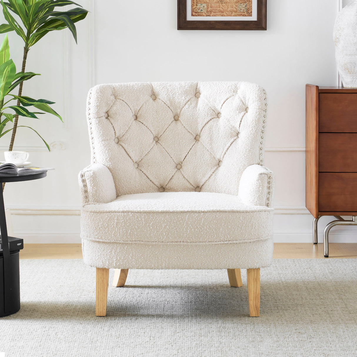 Vintage Style Club Chair, Granular Plush Fabric, Rubber Wood Legs - Almond