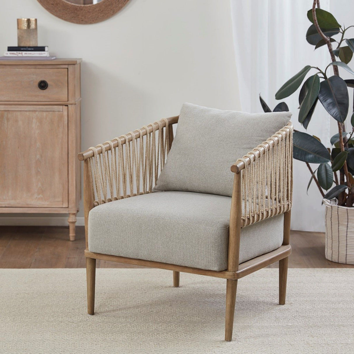 Arm Chair With Open Weave Jute Twine Rope Design - Natural
