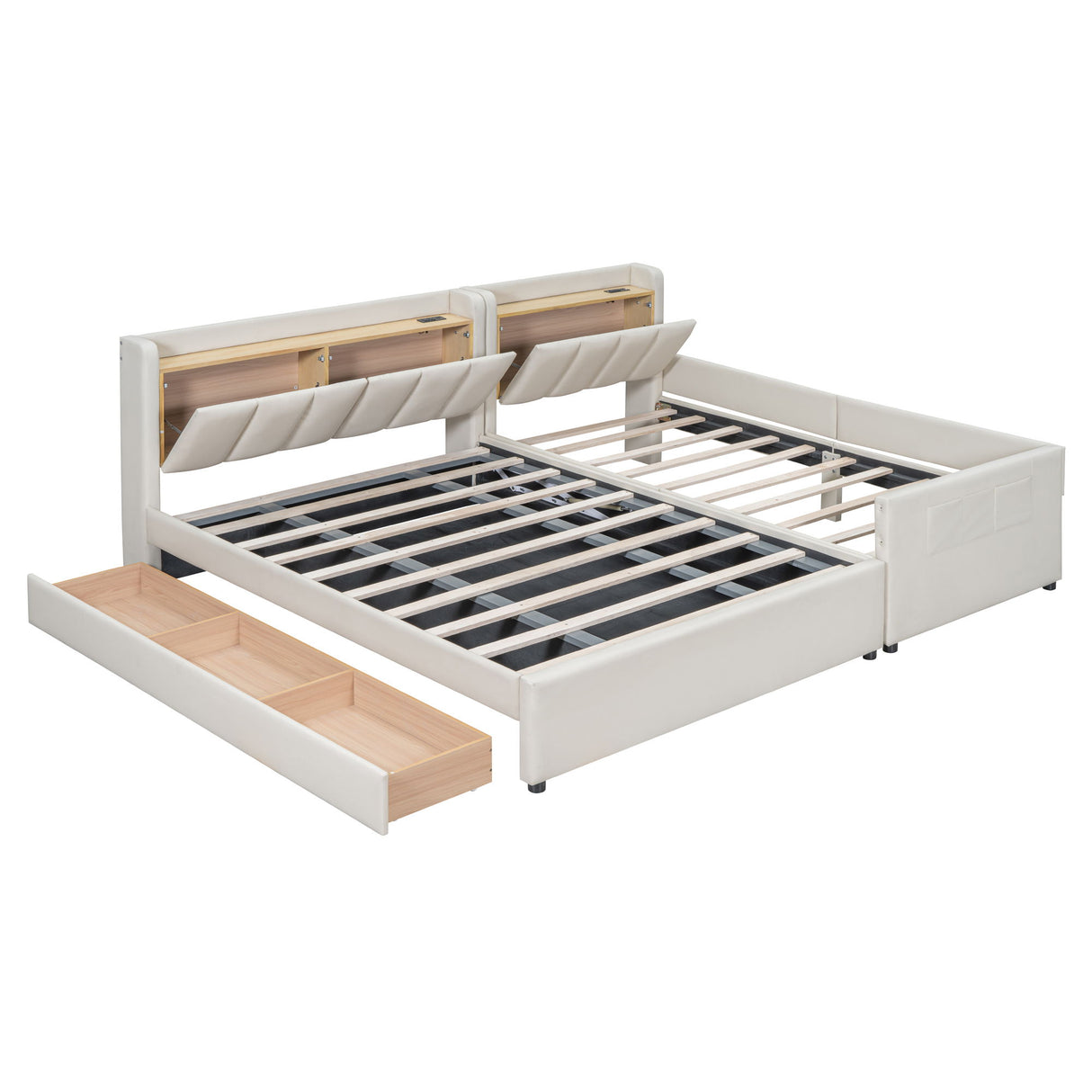 Upholstered Mother & Child Bed With Hydraulic Storage System, Drawer Box, Bedhead Storage Shelf And 2 Pairs Of Sockets & USB Ports