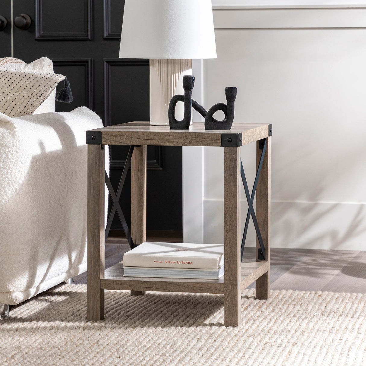 Rustic Industrial X 2 Tier Side Table - Gray Wash