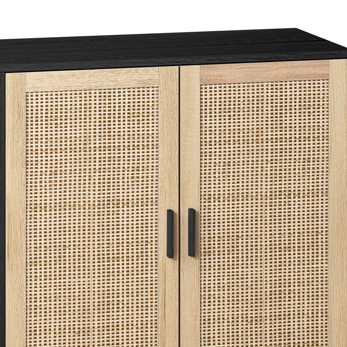 62.20"Elegant and Functional 4-Door Rattan Decorative Storage Cabinet,for Bedroom,Living Room,Office,Easy Assembly,Black(Same SKU:W757P190068)