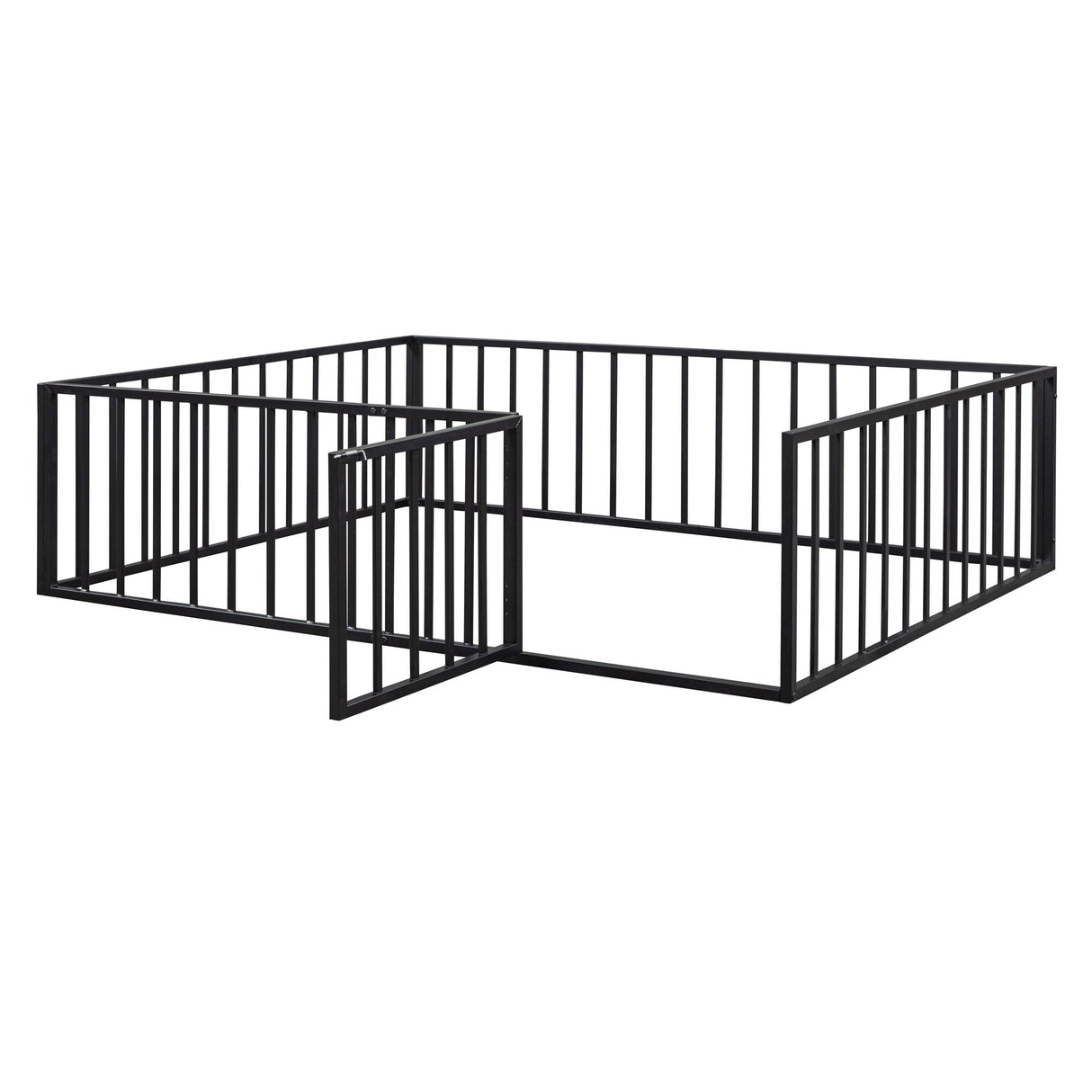Queen Size Floor Bed Frame With Fence And Door - Black