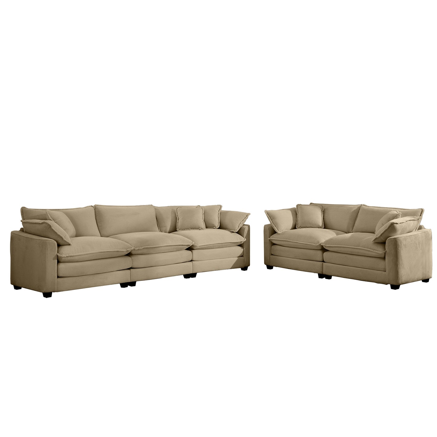 Modern Fabric Living Room Sofa Two Piece Set, Two 2-Seater Sofas with 8 Cushion Upholstery Large Deep Seat Recliner, Tan Corduroy Fabric