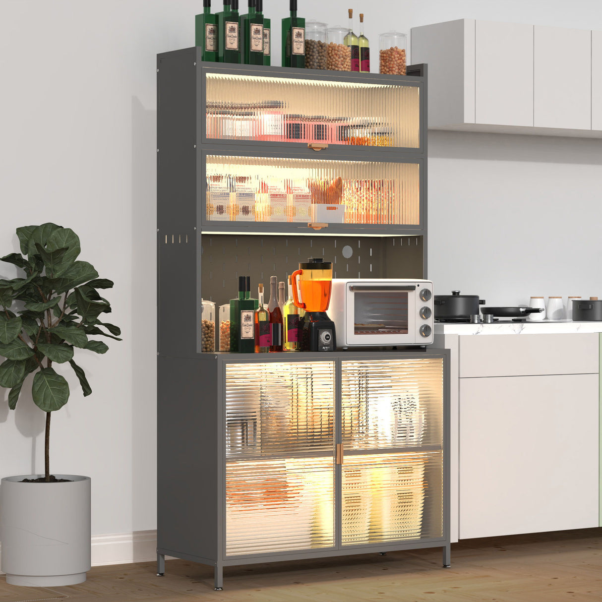 Tall Kitchen Pantry Cabinet With Flip Doors And Pegboard, Anti Tip Steel Storage Hutch