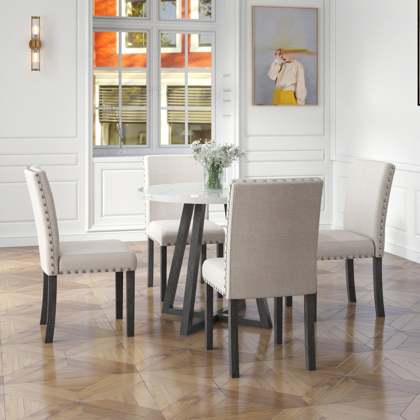 Five-piece dining room set with imitation marble table top, solid wood dining table and 4 chairs, space-saving kitchen and dining room combination furniture.