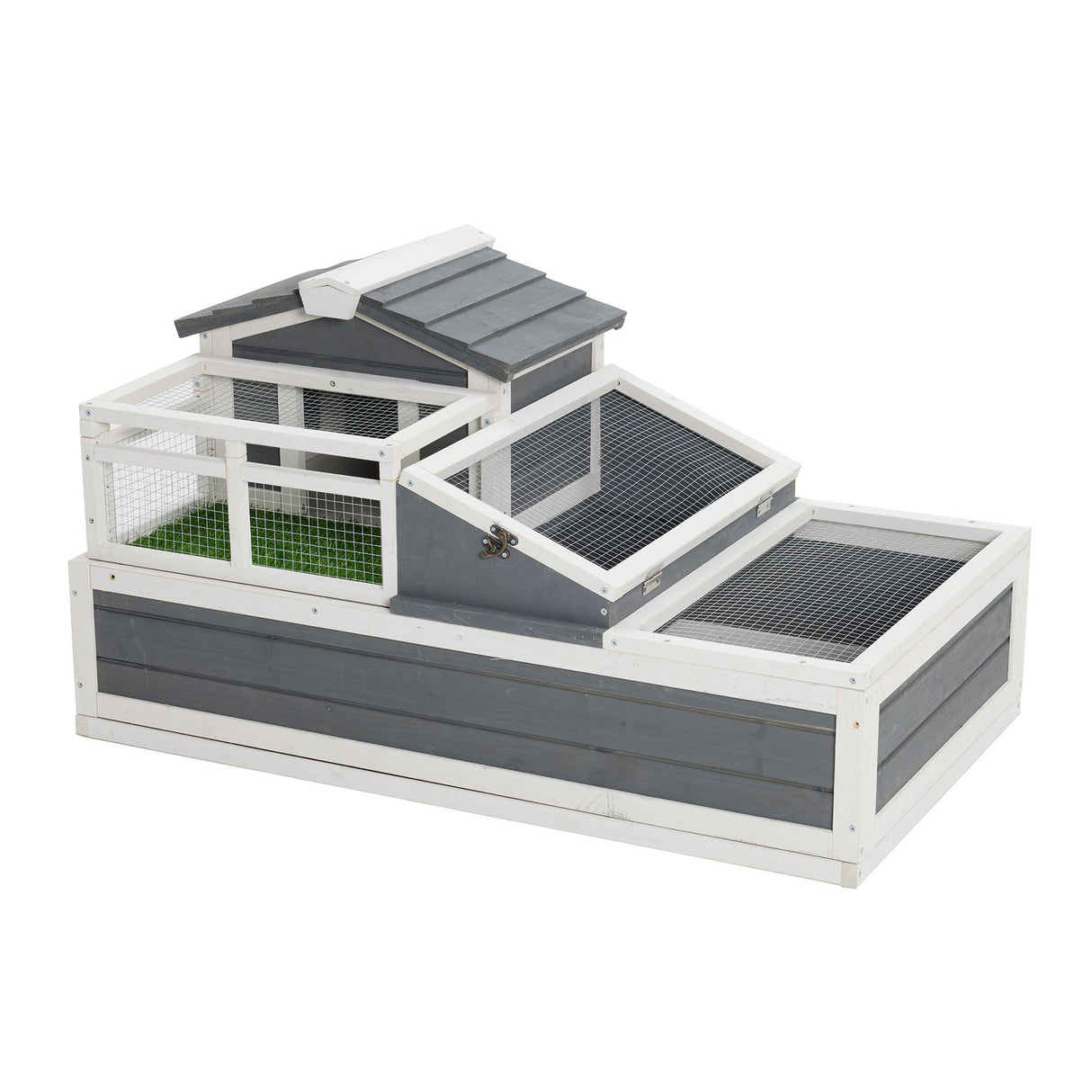 Luxury 3 Room Wooden Tortoise House Habitat With Turf Balcony & 2 Stories - Gray / White
