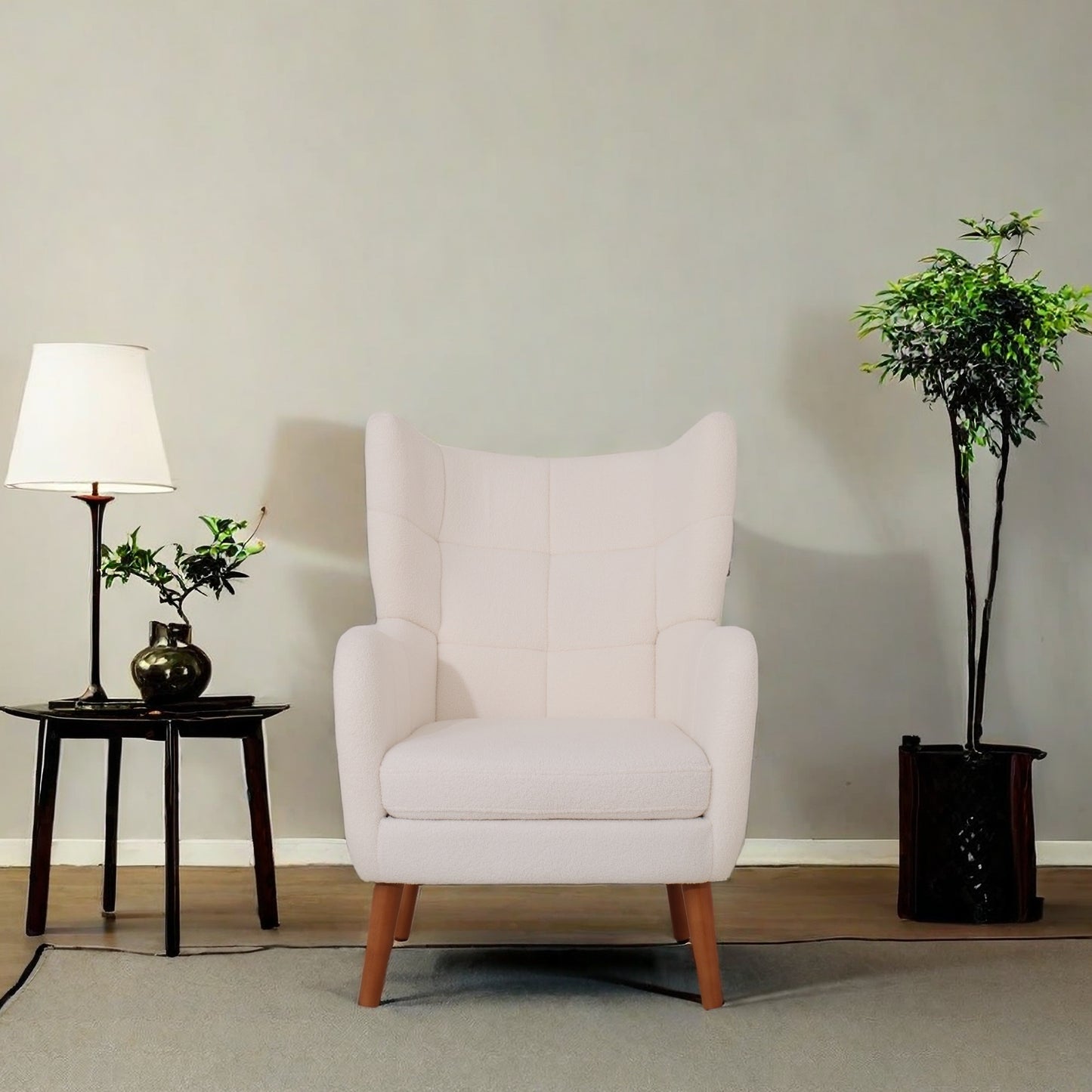 Mid-Century Ivory White High Back Accent/Club Chair with Thick Cushion, Modern Armchair with Round Arm and Birch Wood Legs, Teddy Wool Fabric, for Living Room, Office, Balcony, Bedroom and Study Room