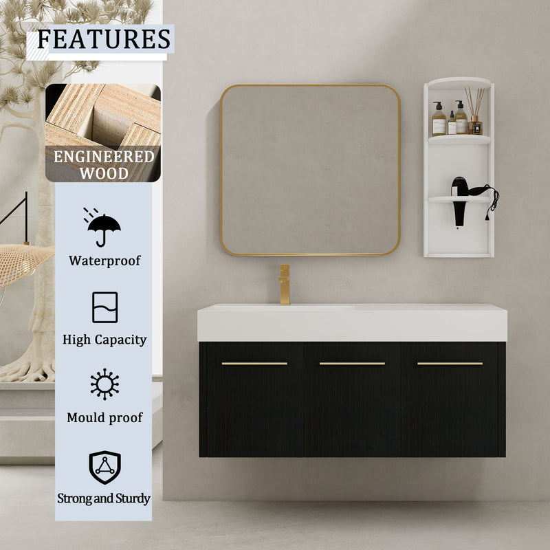 Modern Chestnut Wall Mounted Bathroom Vanity With Left Resin Sink And Storage Rack - Black Chestnut