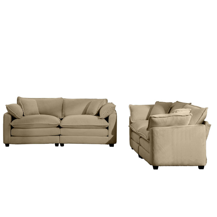 Modern Fabric Living Room Sofa Two Piece Set, Two 2-Seater Sofas with 8 Cushion Upholstery Large Deep Seat Recliner, Tan Corduroy Fabric