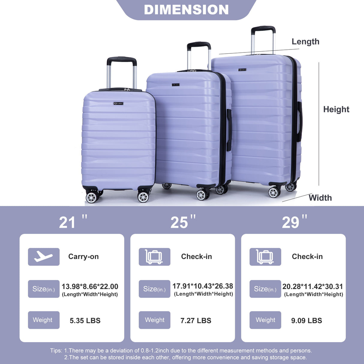 3 Piece Luggage Sets Lightweight & Durable Expandable Suitcase With Two Hooks
