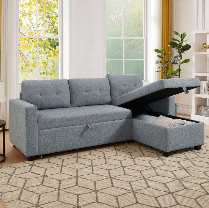 Upholstered Pull Out Sectional Sofa with Storage Chaise, Convertible Corner Couch, Light Grey