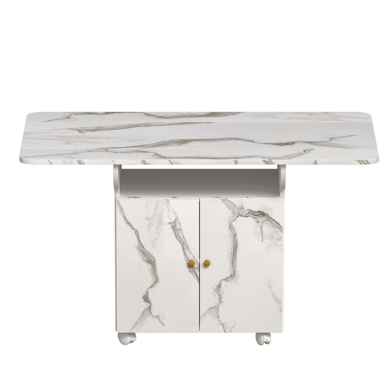 Versatile Marble Folding Dining Table With Storage Rack And Cabinet, 6 Wheels - White