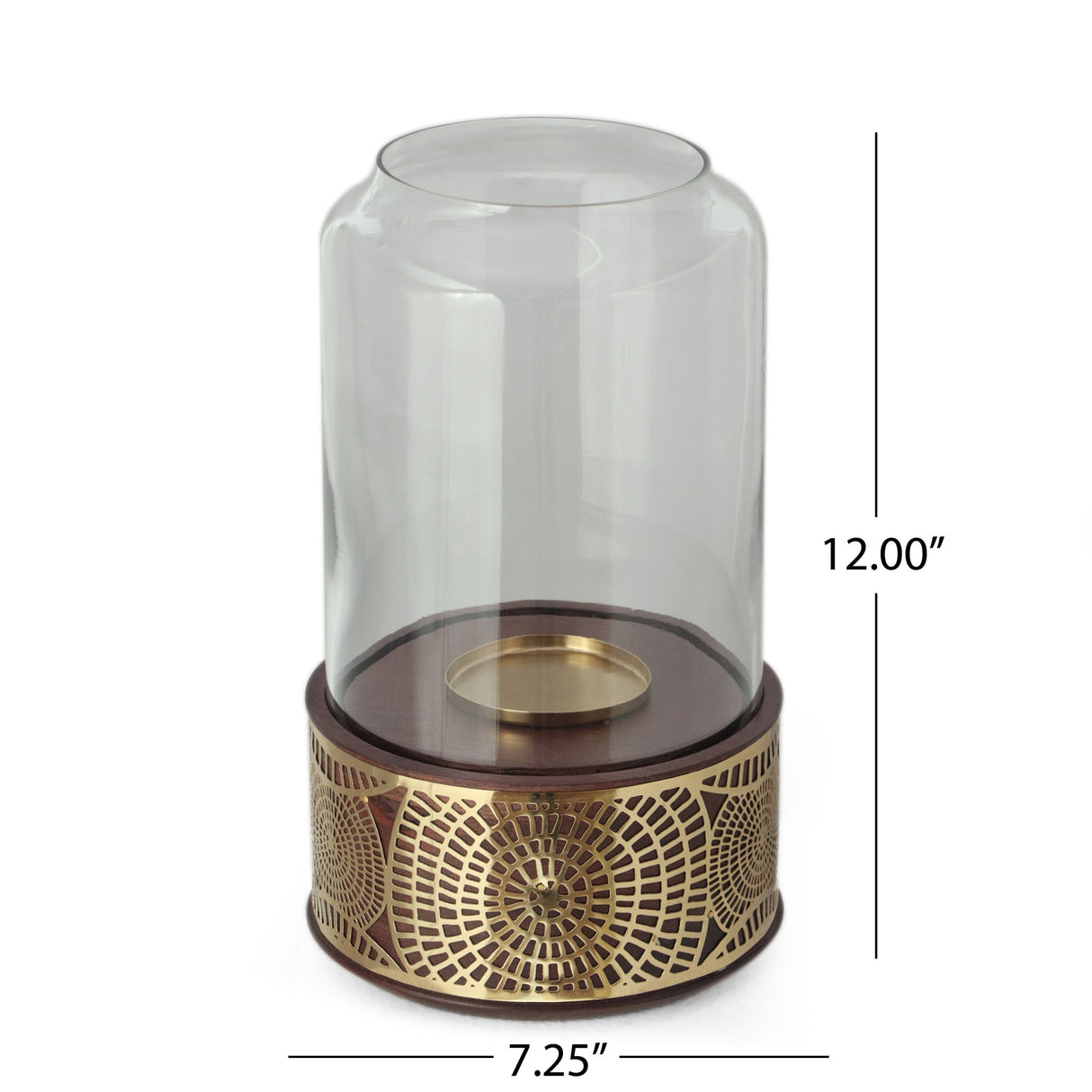 Boho Handcrafted Mango Wood Hurricane Candle Holder With Tempered Glass And Metal Accents - Brown